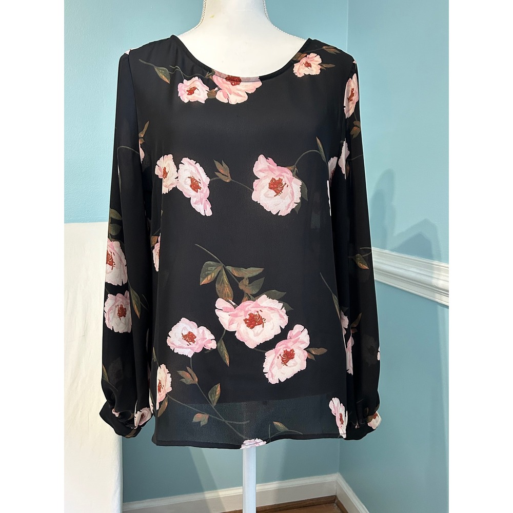 Worthington Womens Black Pink Floral Balloon Sleeve Blouse Keyhole Back Large